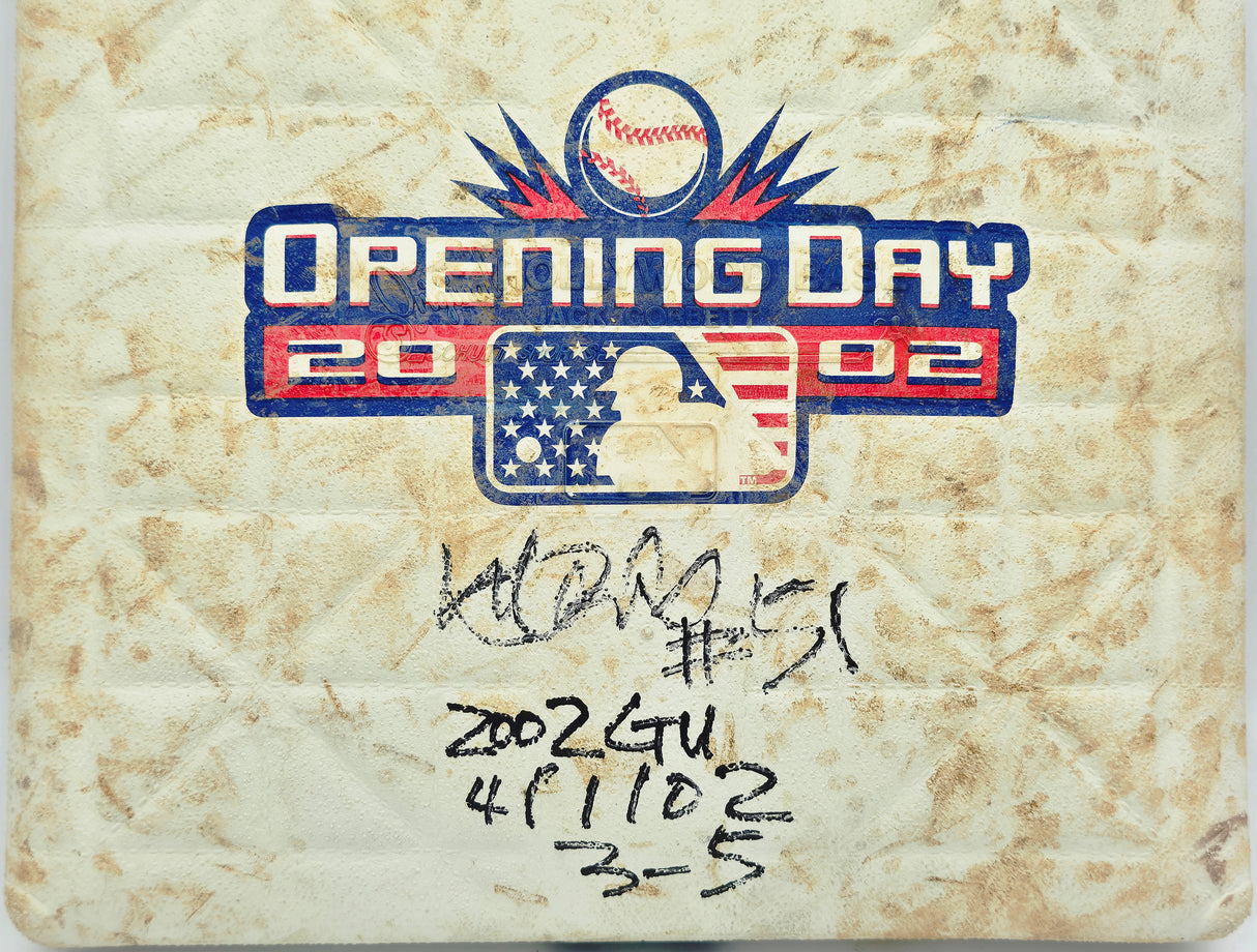 Ichiro Suzuki Autographed Game Used 2002 Opening Day Base Seattle Mariners "2002 GU 4/1/02 & 3-5" Beckett BAS Witness #4W624929