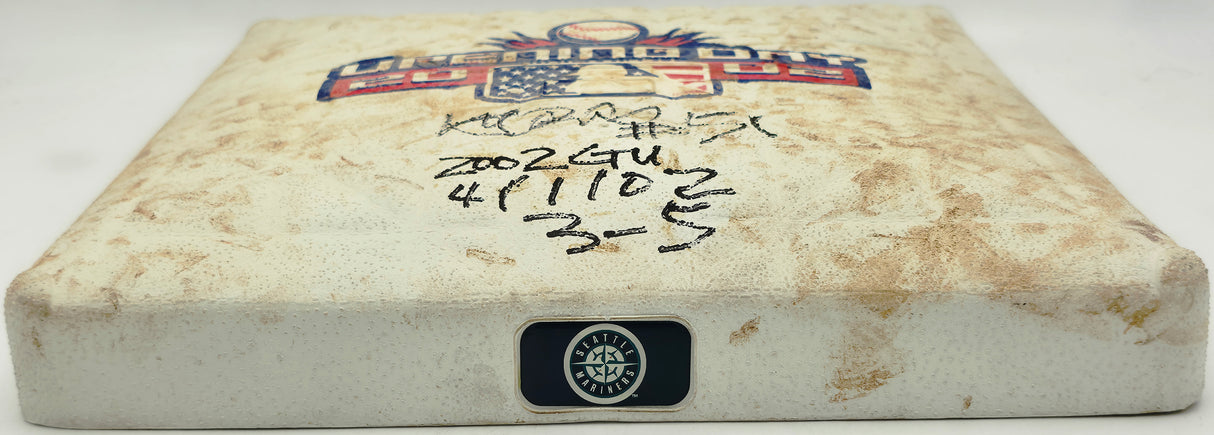 Ichiro Suzuki Autographed Game Used 2002 Opening Day Base Seattle Mariners "2002 GU 4/1/02 & 3-5" Beckett BAS Witness #4W624929