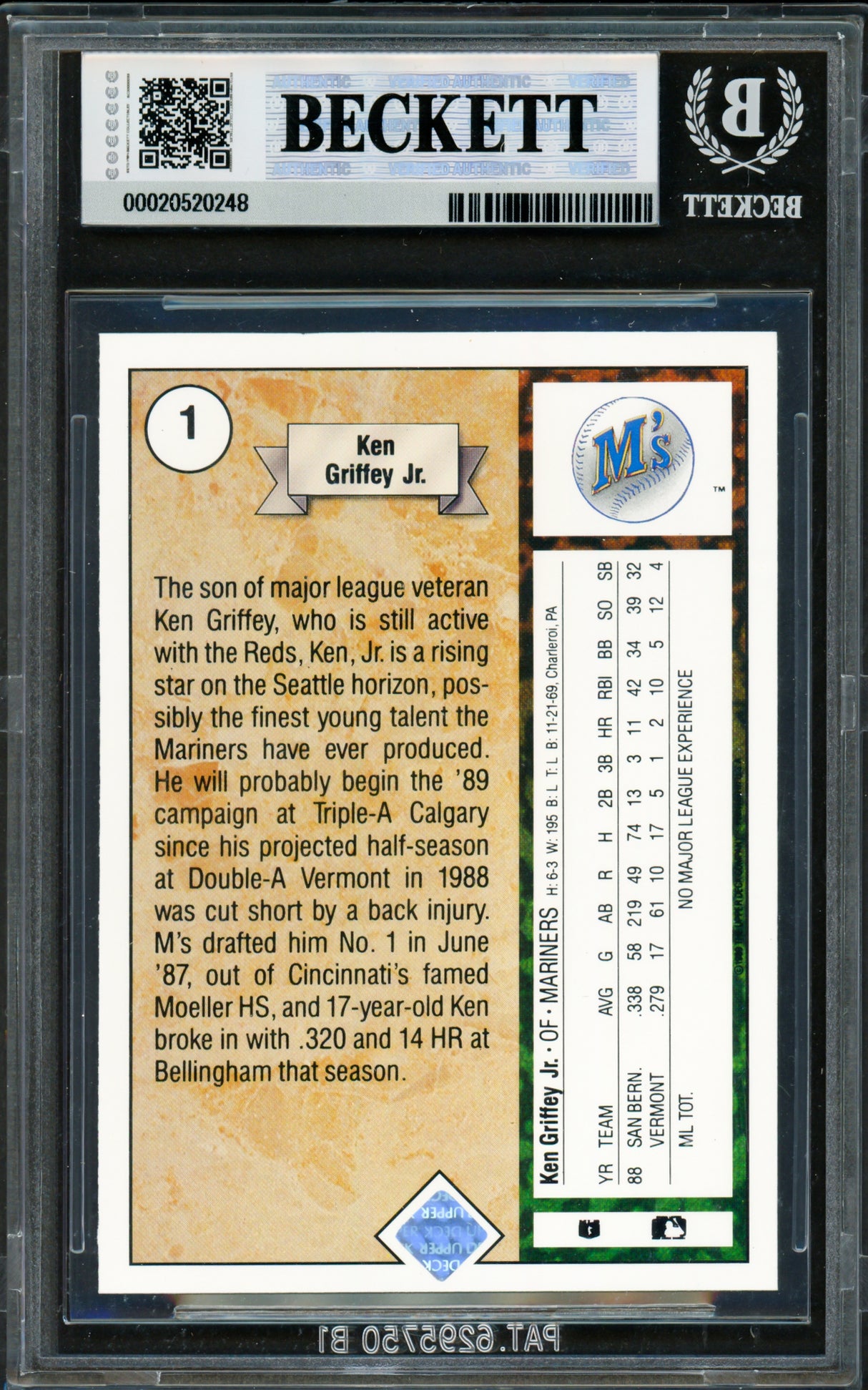 Ken Griffey Jr. Autographed 1989 Upper Deck Rookie Card #1 Seattle Mariners BGS 8.5 Auto Grade Gem Mint 10 Beckett BAS #20520248