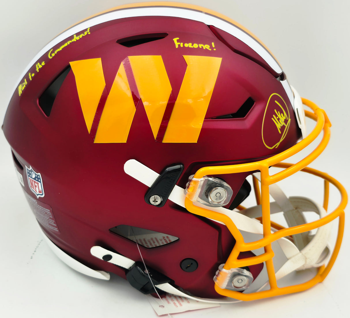 Mike Sainristil Autographed Washington Commanders Flash Red Full Size SpeedFlex Authentic Helmet "Hail to the Commanders! Frozone!" (Smudged) Beckett BAS Witness #WU36077