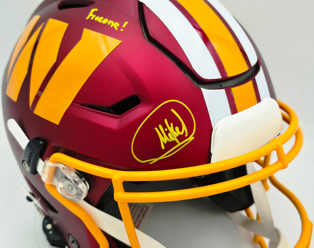 Mike Sainristil Autographed Washington Commanders Flash Red Full Size SpeedFlex Authentic Helmet "Hail to the Commanders! Frozone!" (Smudged) Beckett BAS Witness #WU36077
