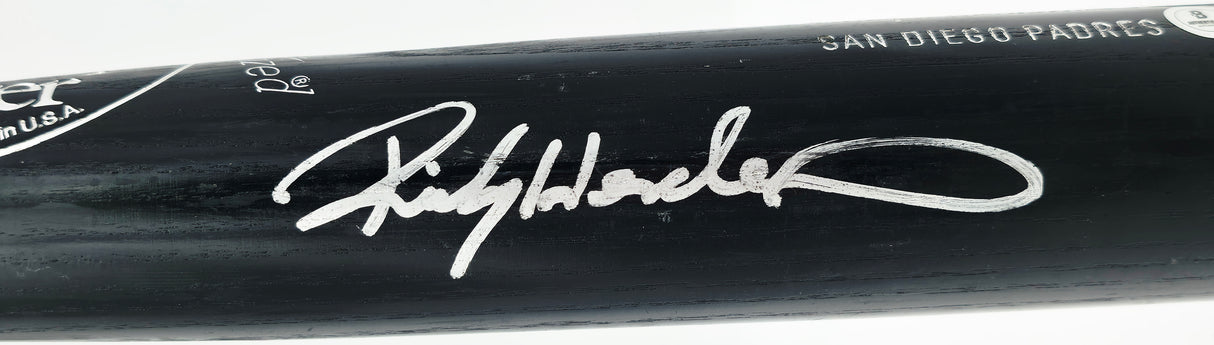 Rickey Henderson Autographed Game Issued Louisville Slugger T141 Baseball Bat San Diego Padres Beckett BAS QR #BX67569