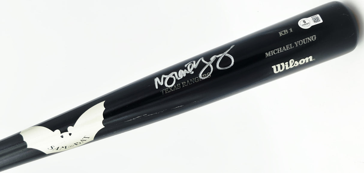 Michael Young Autographed Game Issued Sam KB1 Baseball Bat Texas Rangers Beckett BAS QR #BX67612