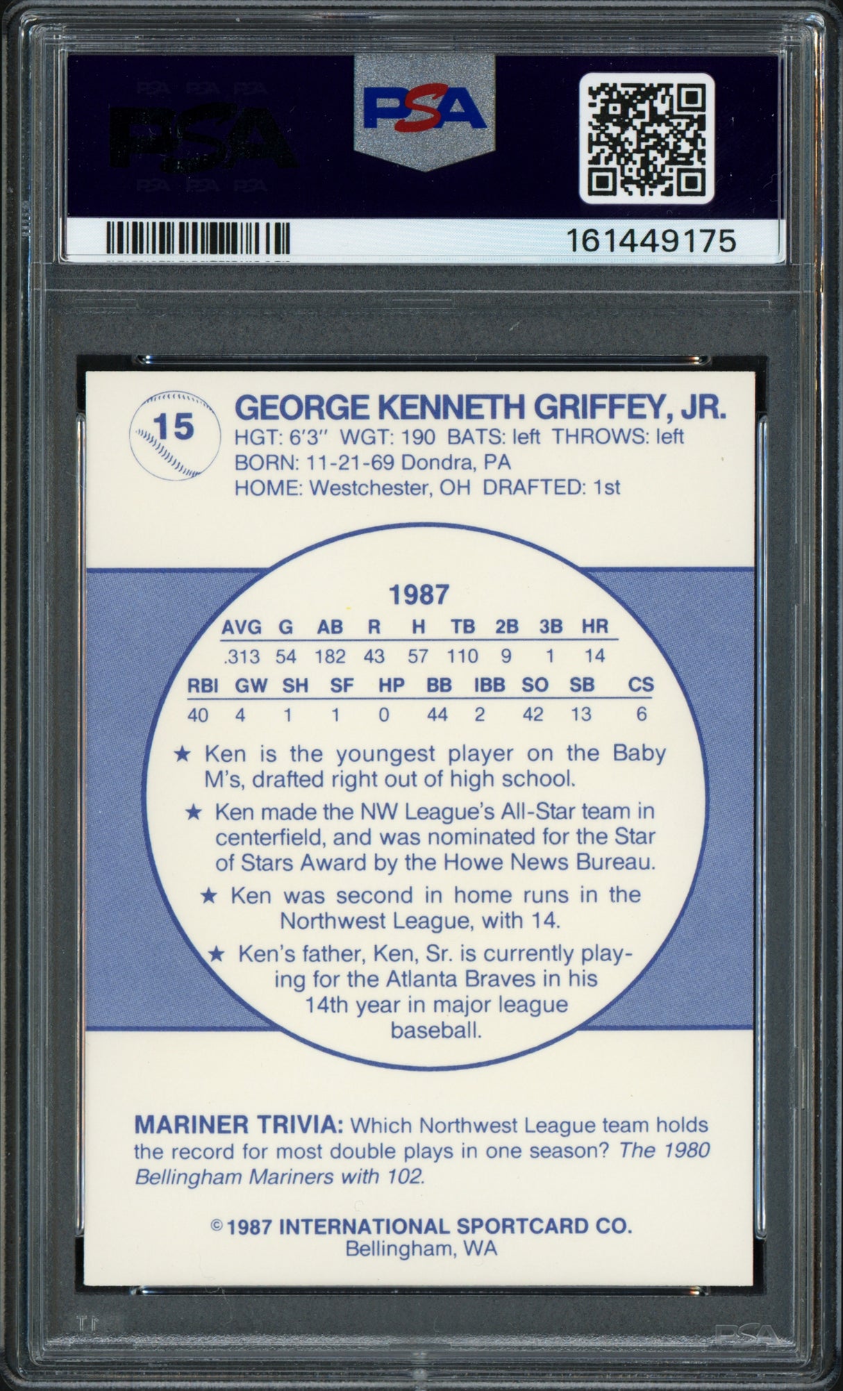 Ken Griffey Jr. Autographed 1987 Bellingham Mariners Team Issued Rookie Card #15 PSA 8 Auto Grade Gem Mint 10 PSA/DNA #161449175