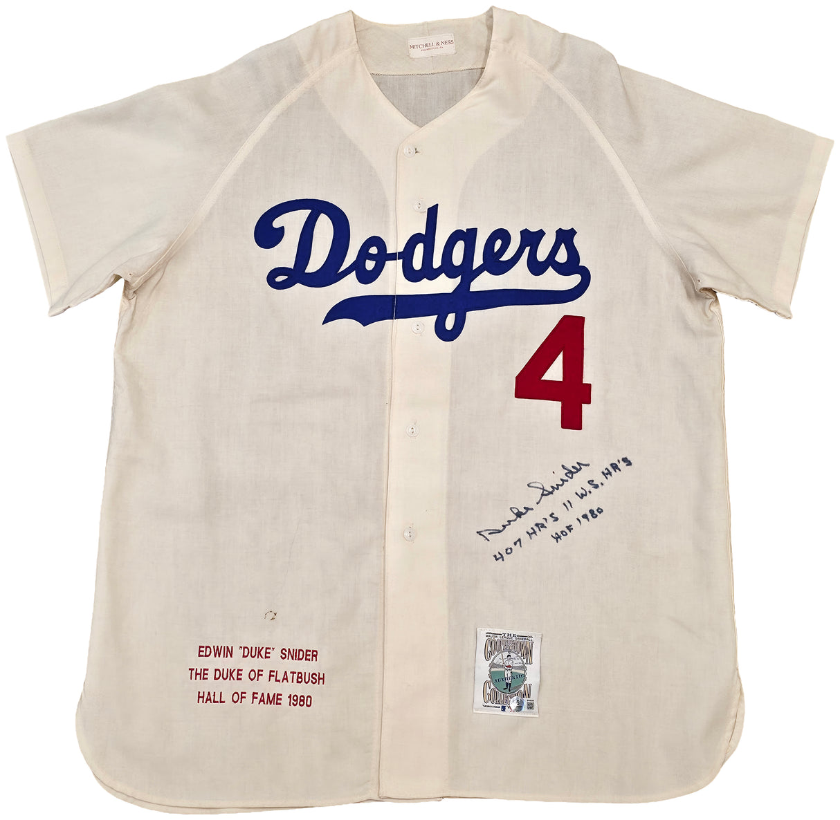 Brooklyn Dodgers Duke Snider Autographed Cream Mitchell & Ness Stat Jersey "407 HR's, 11 WS HR's & HOF 1980" Beckett BAS QR #BW06393