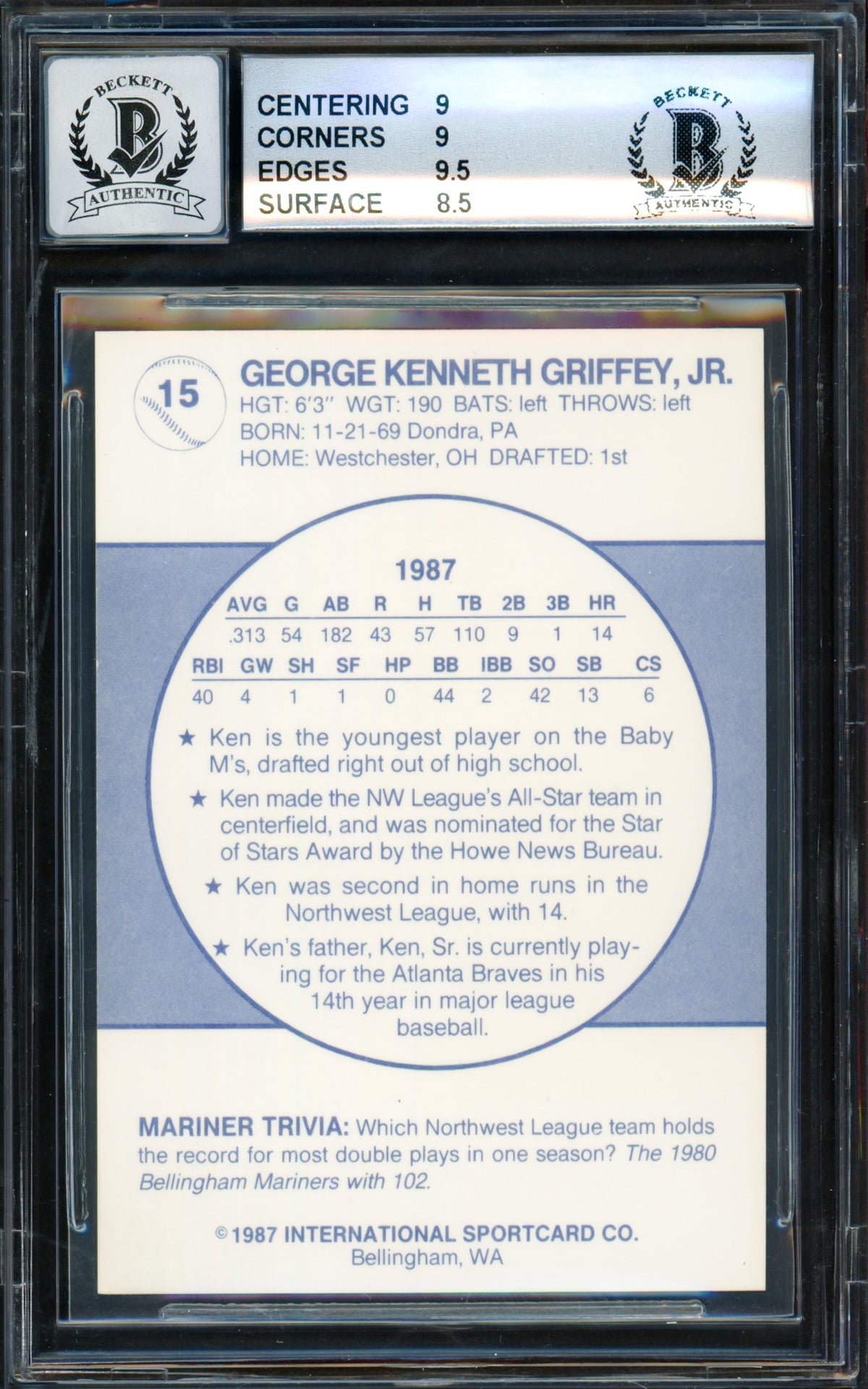 Ken Griffey Jr. Autographed 1987 Bellingham Rookie Card #15 Seattle Mariners BGS 9 Auto Grade Gem Mint 10 Beckett BAS #14727248