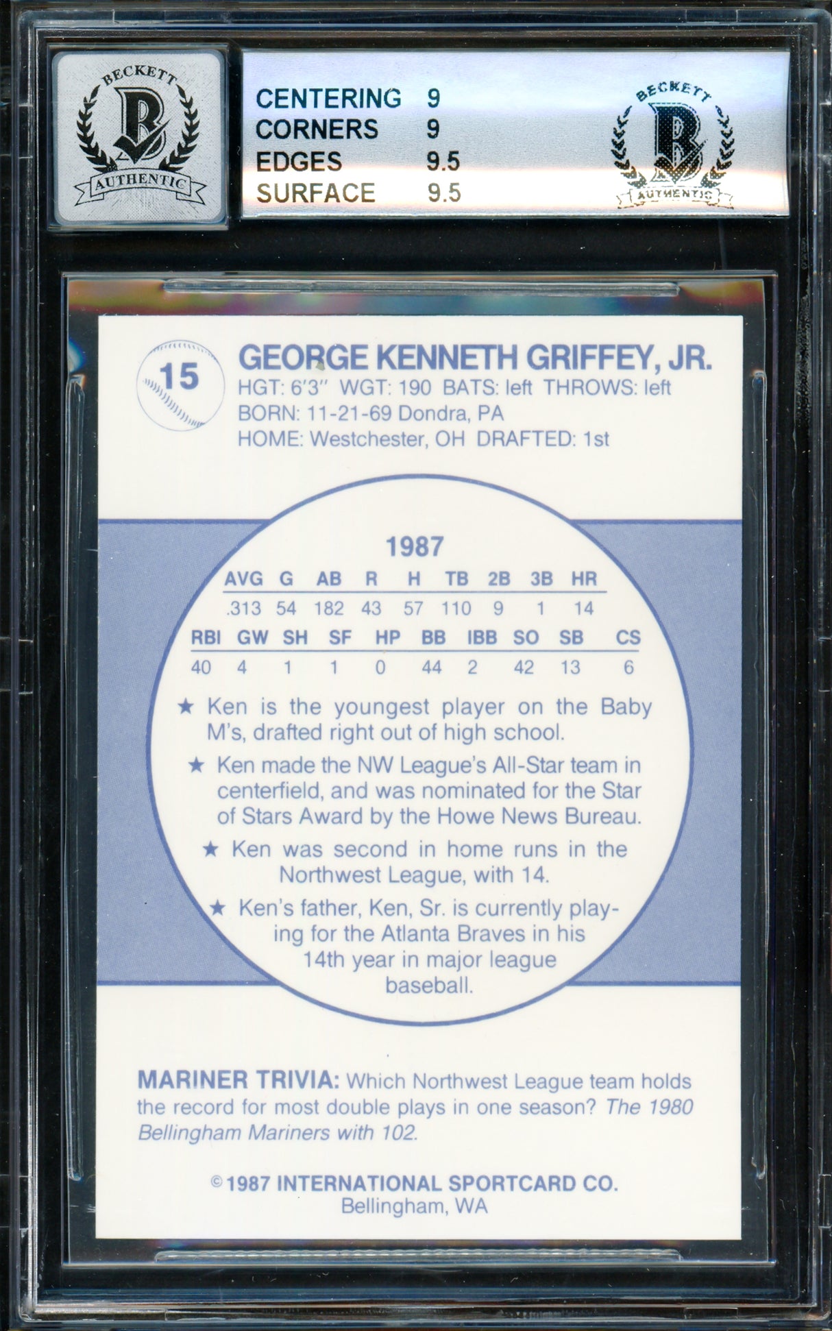 Ken Griffey Jr. Autographed 1987 Bellingham Rookie Card #15 Seattle Mariners BGS 9 Auto Grade Gem Mint 10 Beckett BAS #14727250