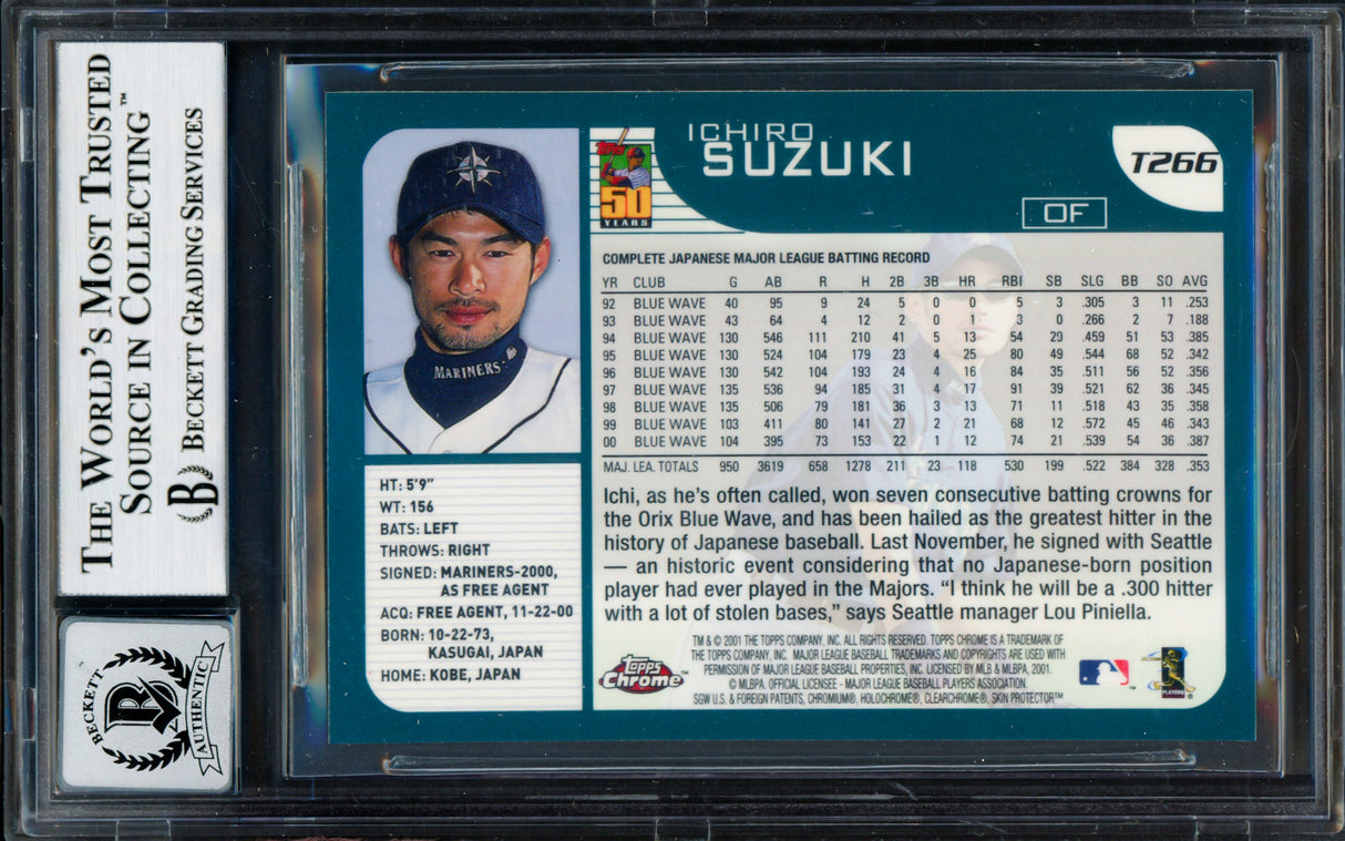 Ichiro Suzuki Autographed 2001 Topps Chrome Traded Rookie Card #T266 Seattle Mariners Auto Grade Gem Mint 10 Beckett BAS #14129105