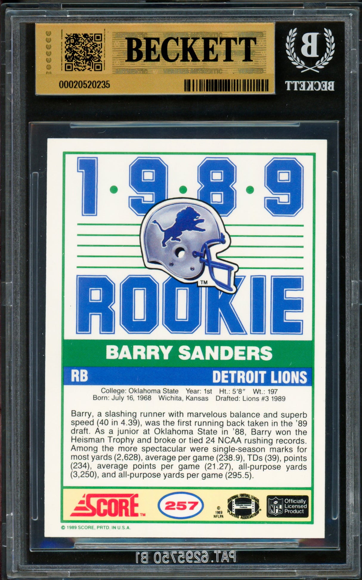 Barry Sanders Autographed 1989 Score Rookie Card #257 Detroit Lions BGS 9.5 Auto Grade Gem Mint 10 Beckett BAS #20520235