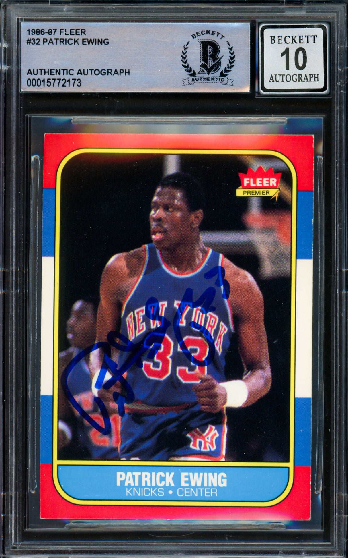 Patrick Ewing Autographed 1986-87 Fleer Rookie Card #32 New York Knicks Auto Grade Gem Mint 10 Beckett BAS #15772173