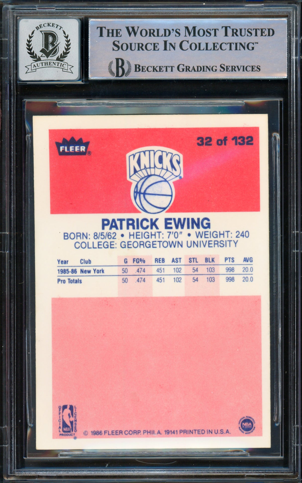 Patrick Ewing Autographed 1986-87 Fleer Rookie Card #32 New York Knicks Auto Grade Gem Mint 10 Beckett BAS #15772173
