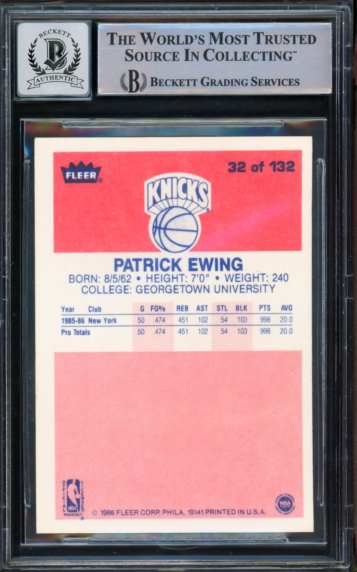Patrick Ewing Autographed 1986-87 Fleer Rookie Card #32 New York Knicks Auto Grade Gem Mint 10 Beckett BAS #15772174