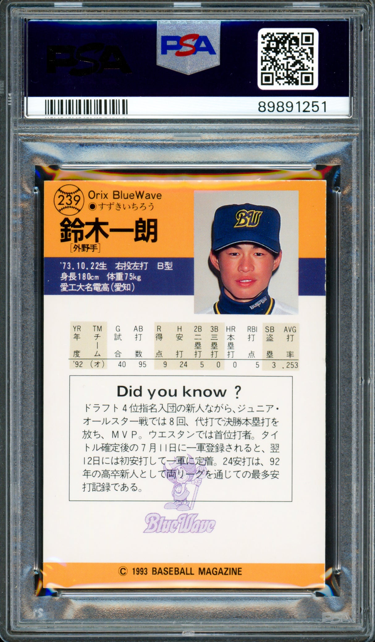 Ichiro Suzuki Autographed 1993 BBM Rookie Card #239 Orix BlueWave Auto Grade Mint 9 "#51" (In Kanji) PSA/DNA #89891251