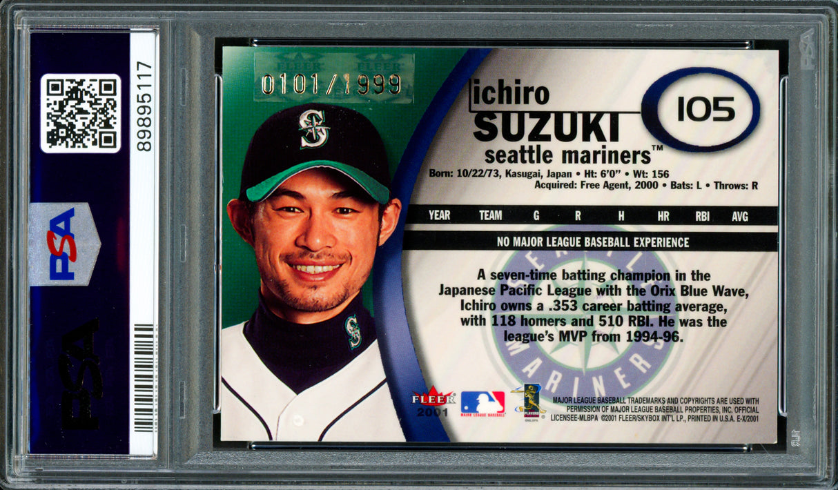 Ichiro Suzuki Autographed 2001 Fleer E-X Rookie Card #105 Seattle Mariners PSA 7 Auto Grade Gem Mint 10 "01 ROY/MVP" #101/1999 PSA/DNA #89895117