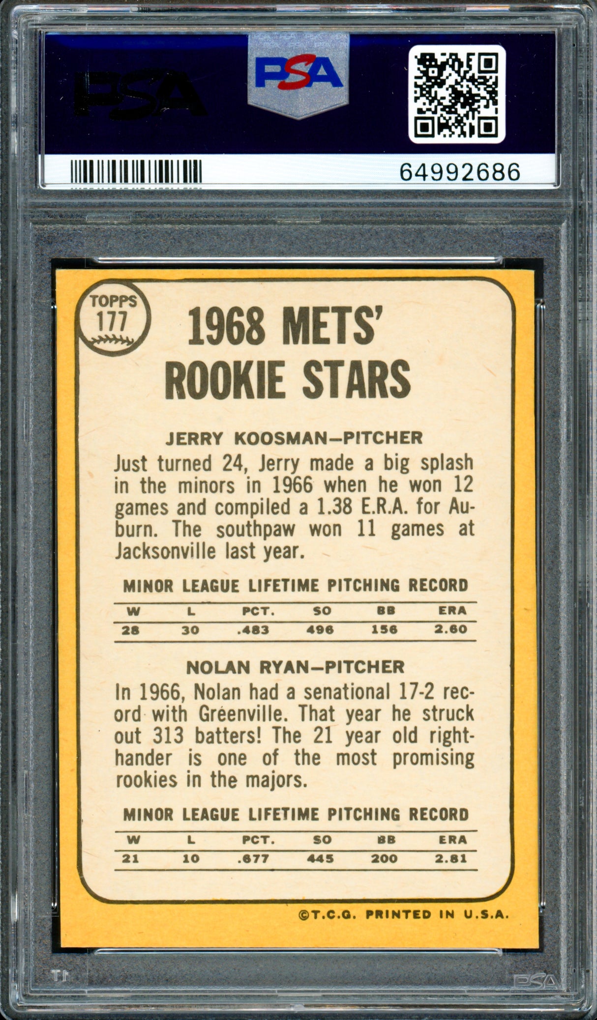 Nolan Ryan Autographed 1968 Topps Rookie Card #177 New York Mets PSA 5 Auto Grade Gem Mint 10 PSA/DNA #64992686