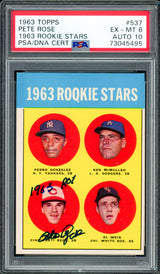 Pete Rose Autographed 1963 Topps Rookie Card #537 Cincinnati Reds PSA 6 Auto Grade Gem Mint 10 "1963 ROY" PSA/DNA #73045495