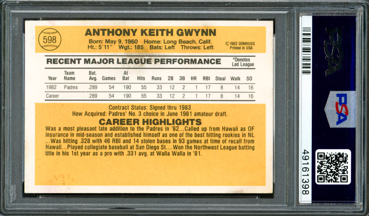 Tony Gwynn Autographed 1983 Donruss Rookie Card #598 San Diego Padres PSA/DNA #49161398