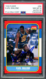 Karl Malone Autographed 1986-87 Fleer Rookie Card #68 Utah Jazz PSA 8 Auto Grade Gem Mint 10 PSA/DNA #73035330