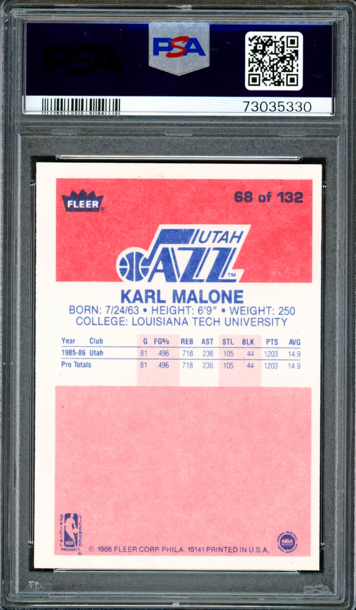 Karl Malone Autographed 1986-87 Fleer Rookie Card #68 Utah Jazz PSA 8 Auto Grade Gem Mint 10 PSA/DNA #73035330