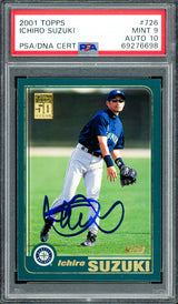 Ichiro Suzuki Autographed 2001 Topps Rookie Card #726 Seattle Mariners PSA 9 Auto Grade Gem Mint 10 PSA/DNA Stock #267530