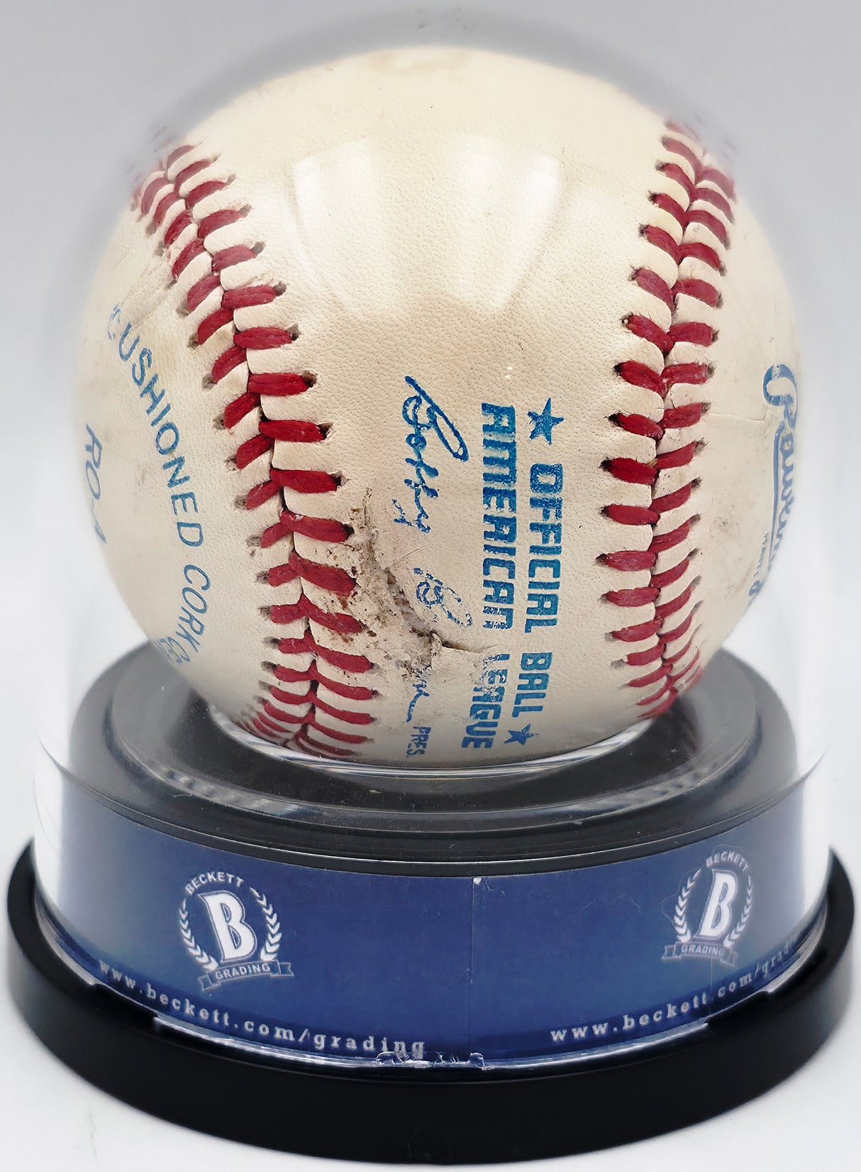 Joe Dimaggio Autographed Official AL Baseball New York Yankees Auto Grade Near Mint/Mint 8 (Damaged) Beckett BAS #20779708