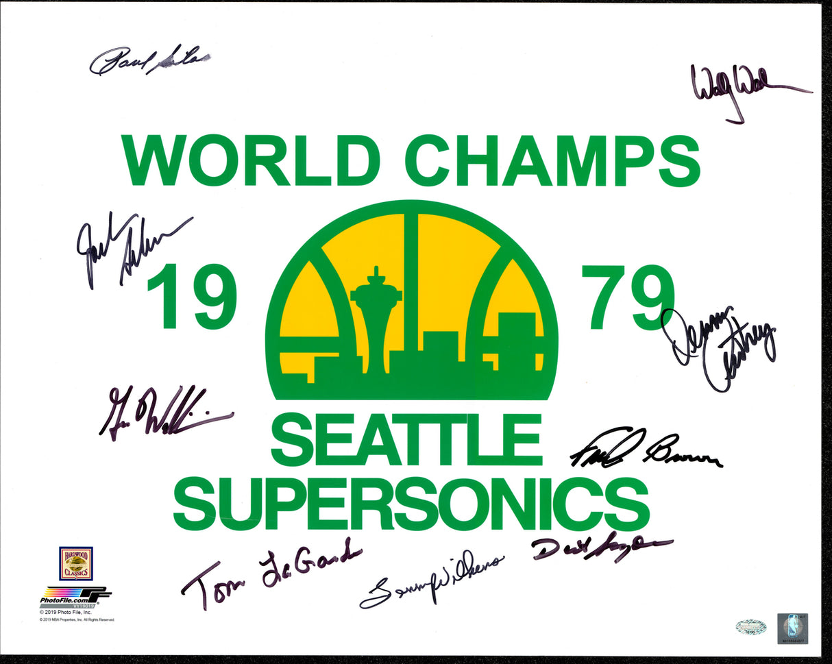 1978-79 NBA Champions Seattle Supersonics Multi Signed Autographed 16x20 Photo With 9 Signatures Including Fred Brown & Lenny Wilkens (Smudged) MCS Holo #70135