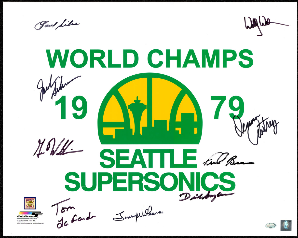1978-79 NBA Champions Seattle Supersonics Multi Signed Autographed 16x20 Photo With 9 Signatures Including Fred Brown & Lenny Wilkens (Smudged) MCS Holo #70133