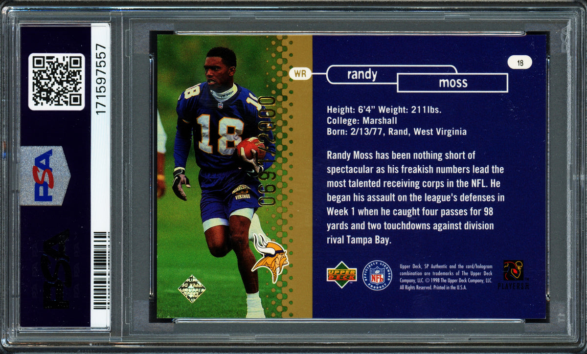 Randy Moss Autographed 1998 SP Authentic Rookie Card #18 Minnesota Vikings PSA 8 Auto Grade Gem Mint 10 "Straight Cash Homie" #691/2000 PSA/DNA #171597557