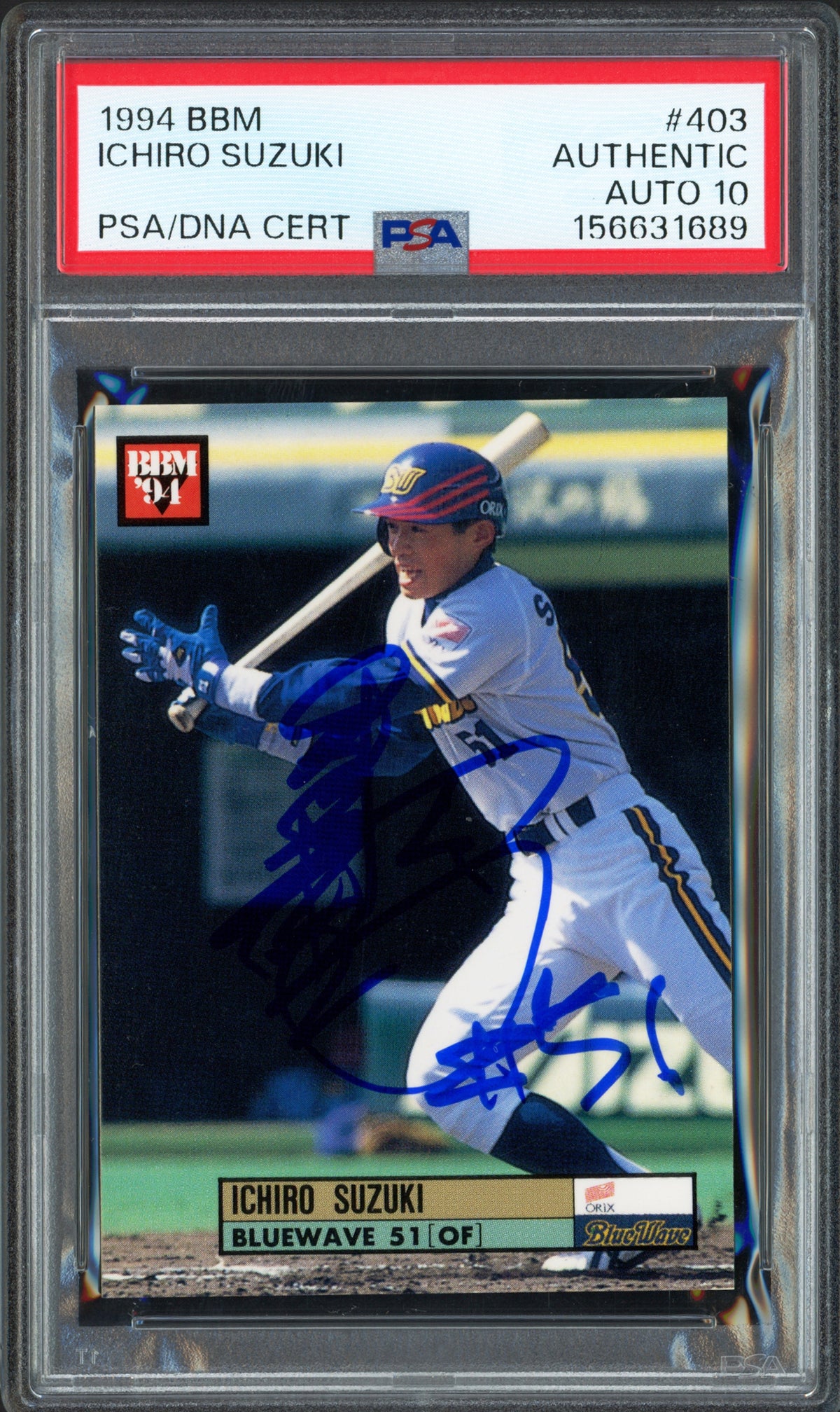 Ichiro Suzuki Autographed 1994 BBM Card #403 Orix BlueWave Auto Grade Gem Mint 10 "#51" (Signed In Kanji) PSA/DNA #156631689