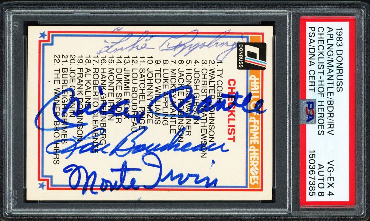 Hall of Famers Autographed 1983 Donruss Checklist Card PSA 4 Auto Grade Near Mint/Mint 8 With 4 Signatures Including Mickey Mantle PSA/DNA #150367385