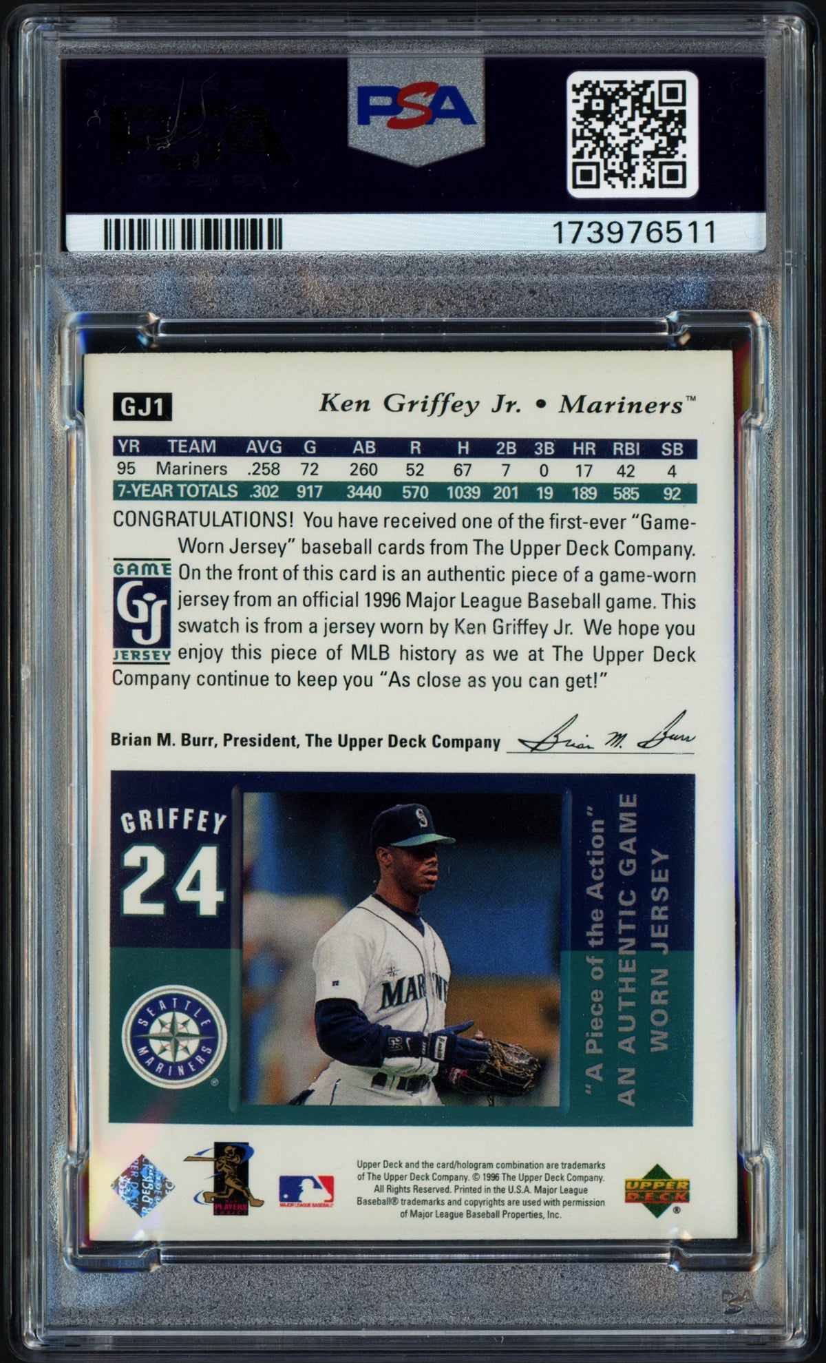 Ken Griffey Jr. Autographed 1997 Upper Deck Game Jersey Card #GJ1 Seattle Mariners PSA 7 Auto Grade Mint 9 PSA/DNA #173976511