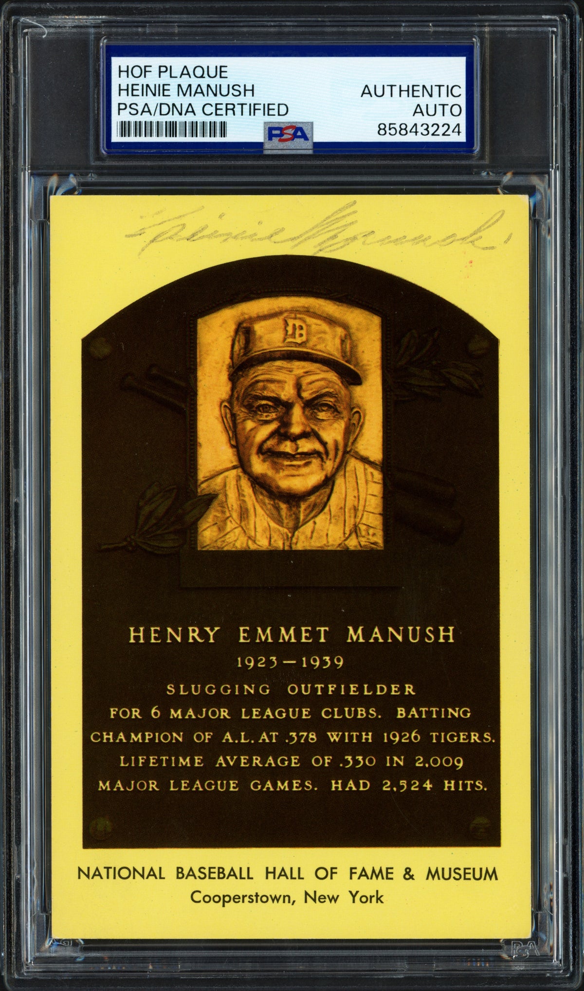 Heinie Manush Autographed Hall of Fame Plaque Postcard Detroit Tigers PSA/DNA #85843224