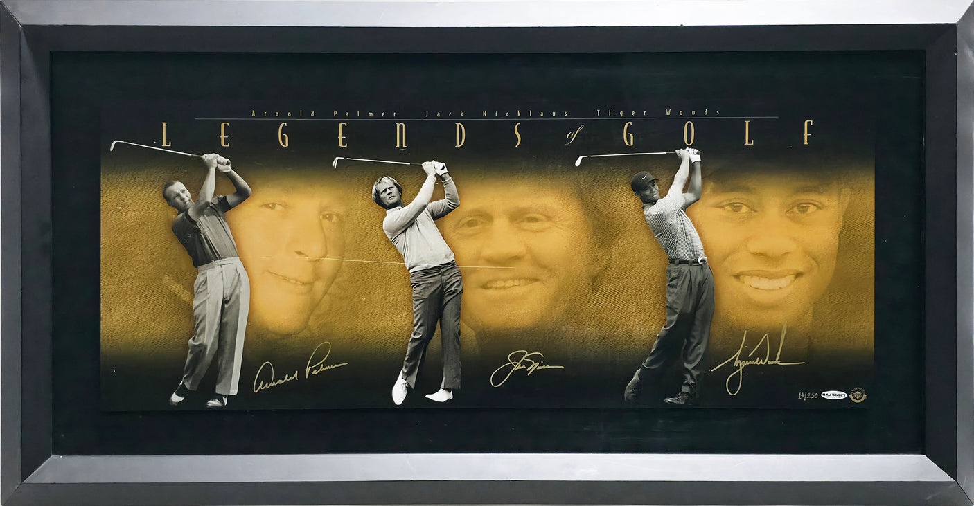 Tiger Woods, Jack Nicklaus & Arnold Palmer Autographed Framed 'Legends of Golf' 12x30 Photo Beckett BAS, PSA/DNA & UDA Holo #BAJ56321