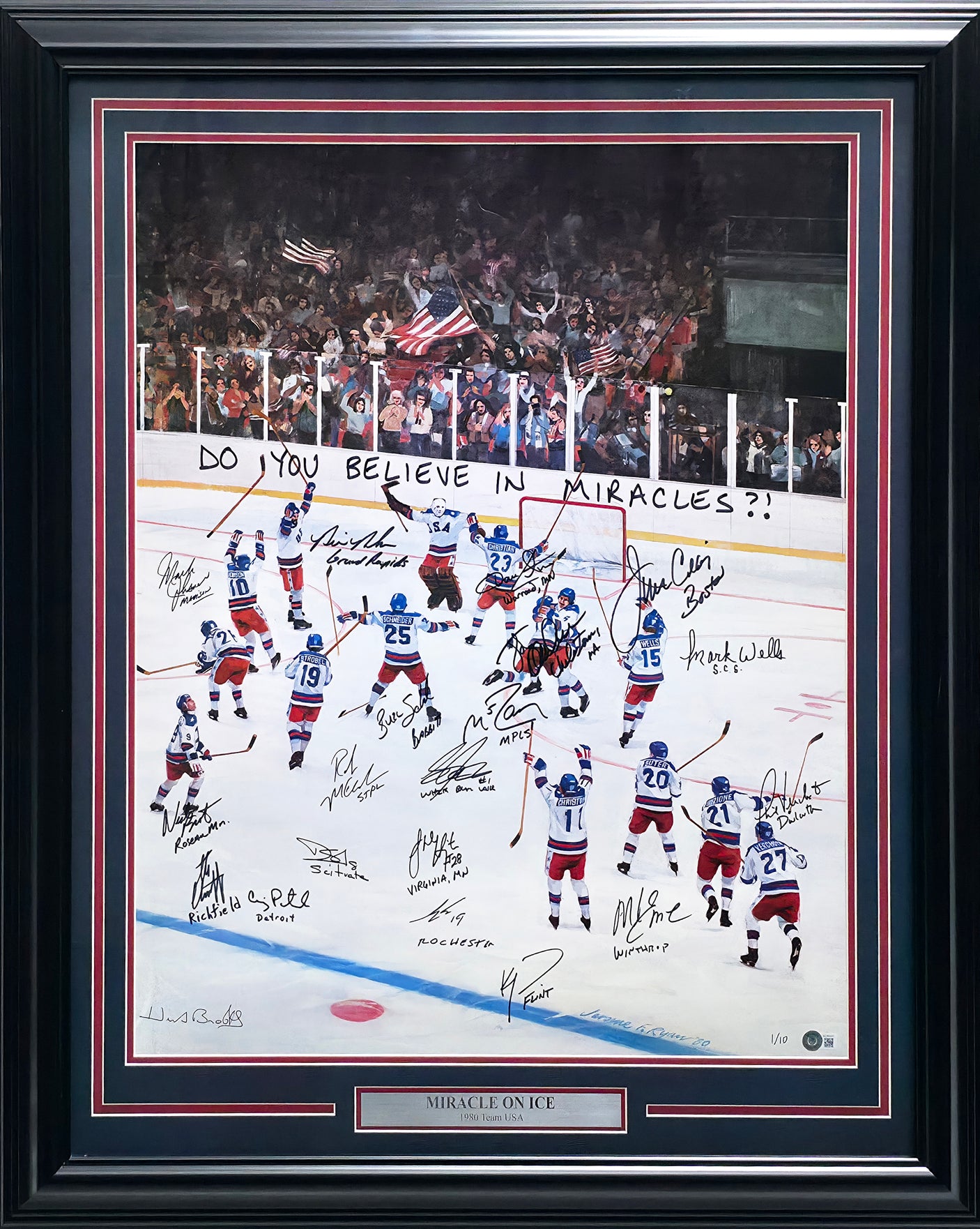 1980 Team USA Hockey Team Autographed Framed 22x30 Photo With 20 Signatures Including Herb Brooks #1/10 Beckett BAS #AC40041
