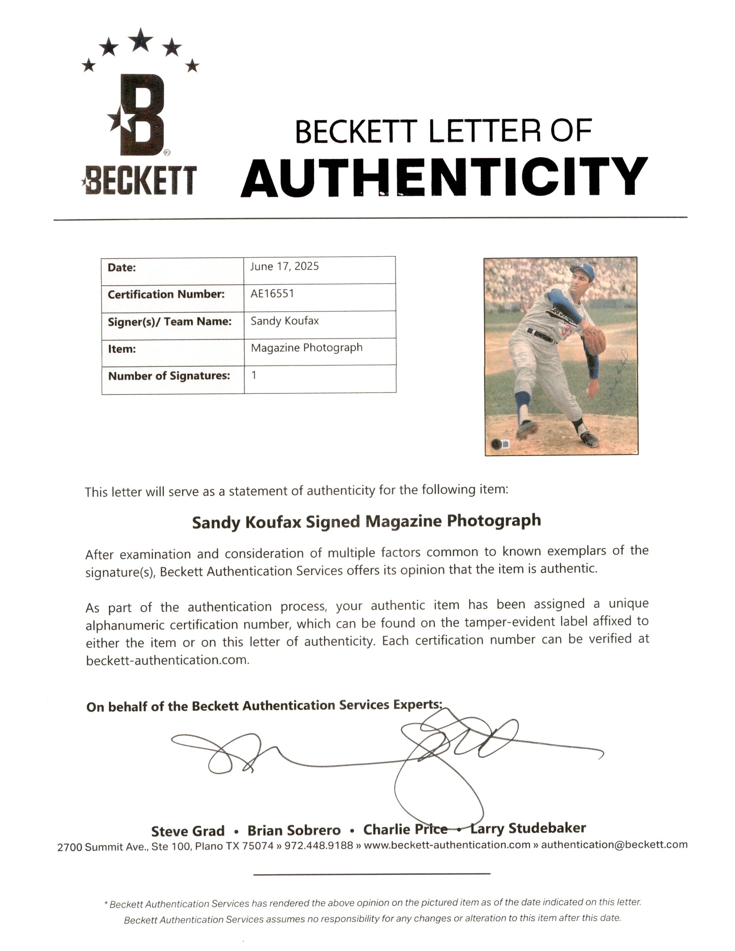 Sandy Koufax Autographed Framed 8x11 Magazine Photo Los Angeles Dodgers Beckett BAS #AE16551