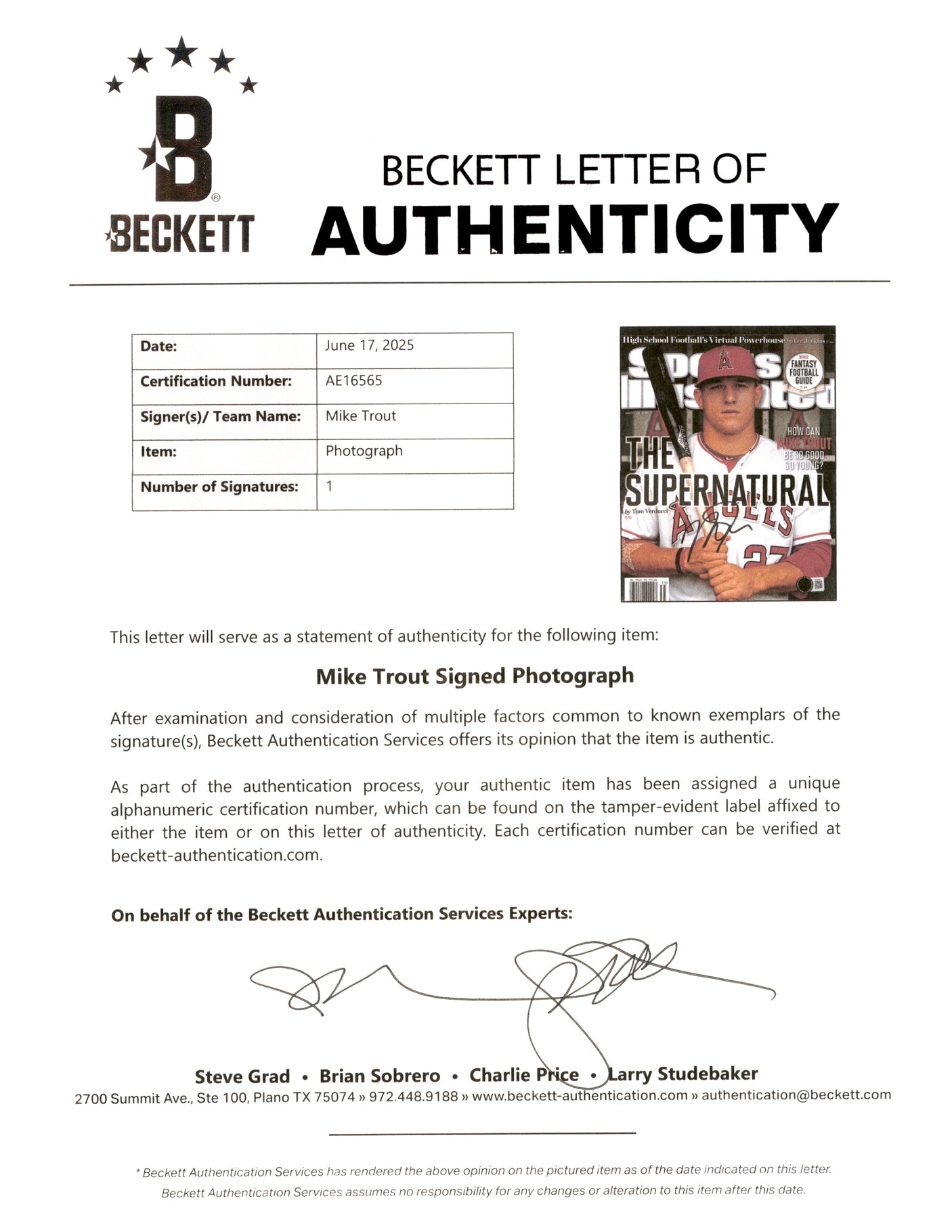 Mike Trout Autographed Framed 8x10 Photo California Angels Beckett BAS #AE16565