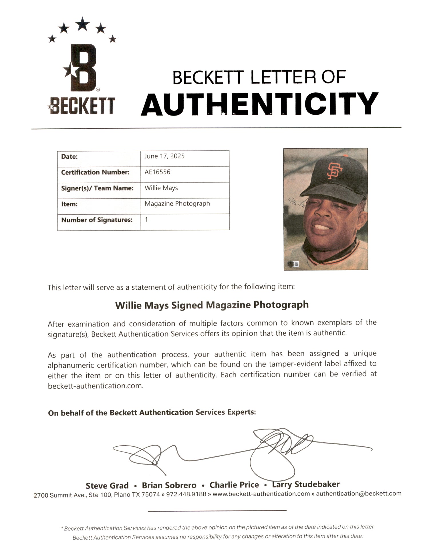 Willie Mays Autographed Framed 8x11 Magazine Page Photo San Francisco Giants Vintage Signature Beckett BAS #AE16556