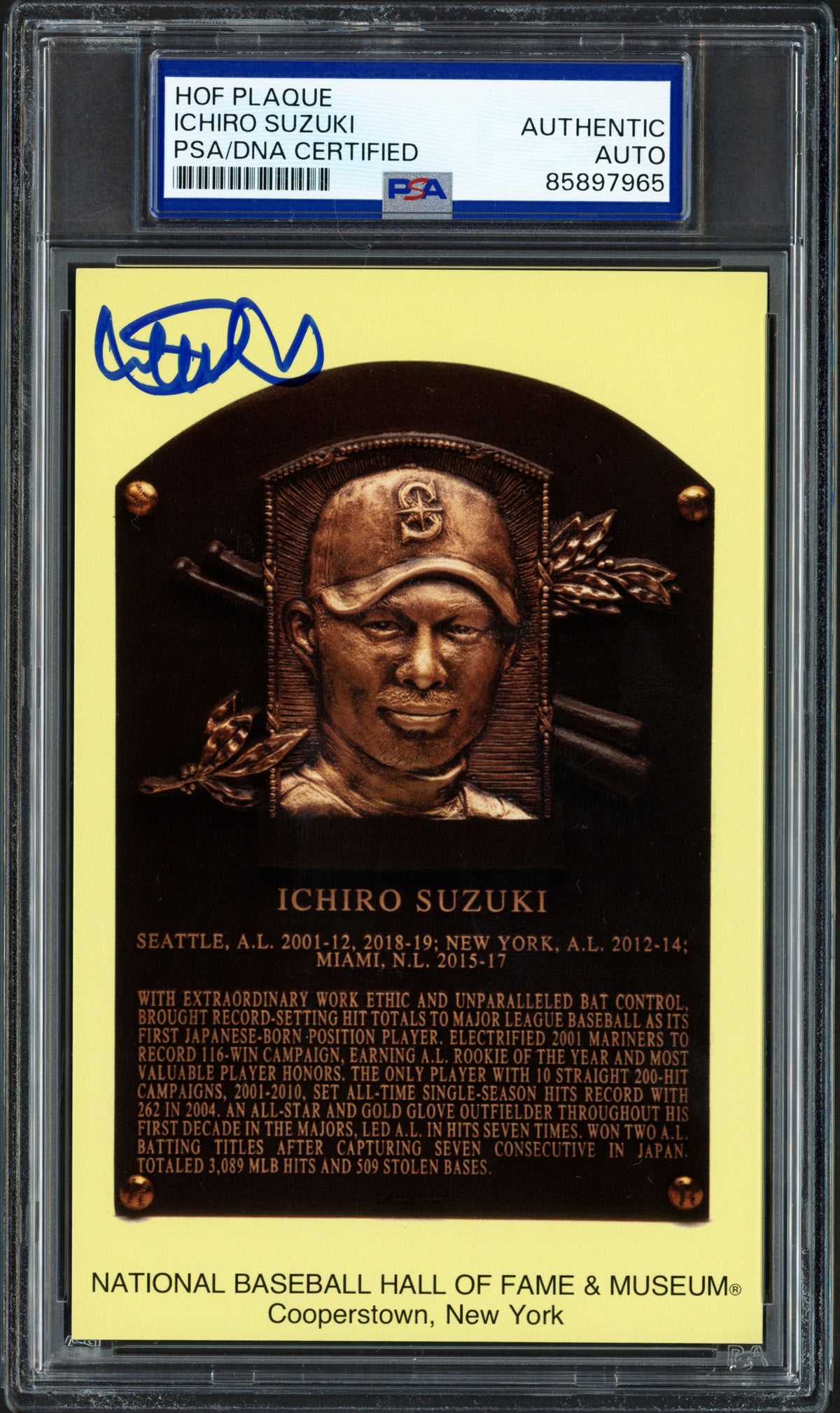 Ichiro Suzuki Autographed Hall of Fame Plaque Postcard Seattle Mariners USA Flag Stamp PSA/DNA Stock #267886