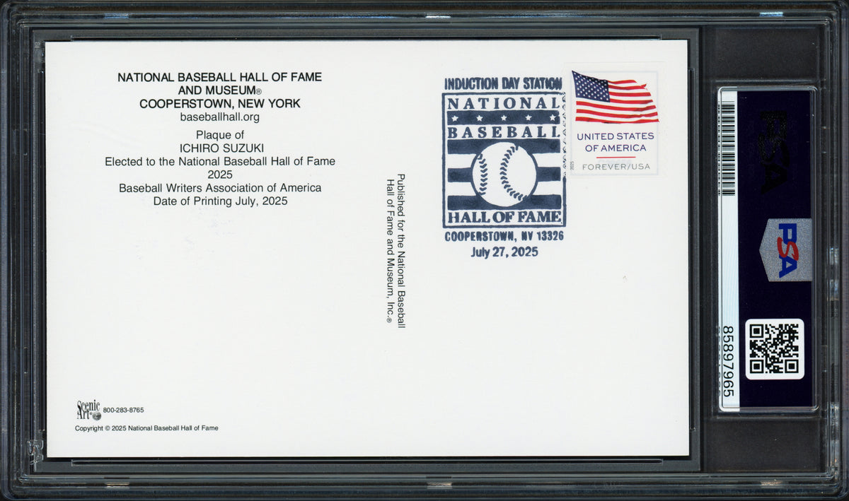 Ichiro Suzuki Autographed Hall of Fame Plaque Postcard Seattle Mariners USA Flag Stamp PSA/DNA Stock #267886