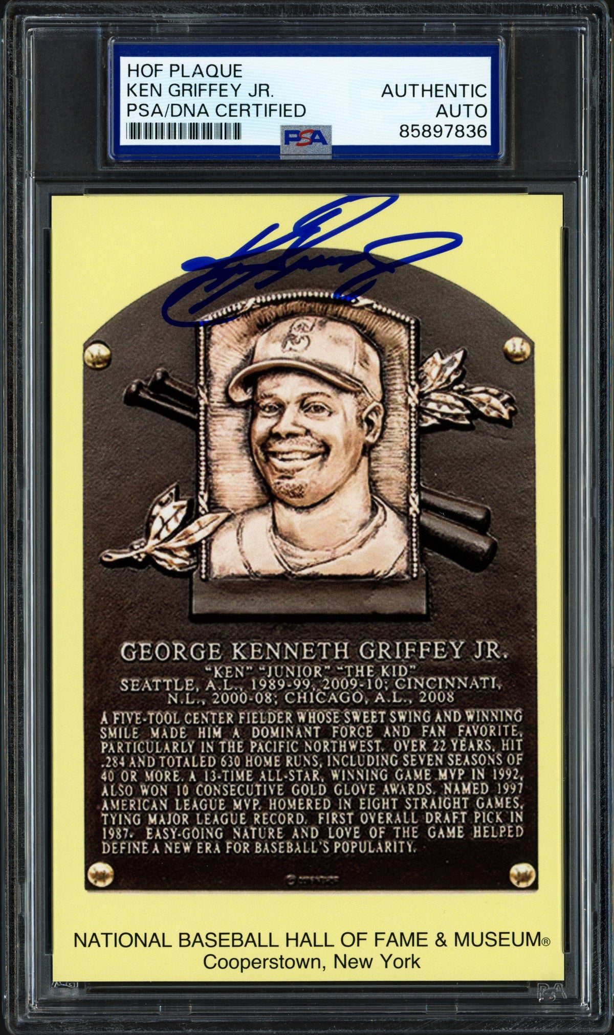 Ken Griffey Jr. Autographed Hall of Fame HOF Plaque Postcard Seattle Mariners PSA/DNA #85897836