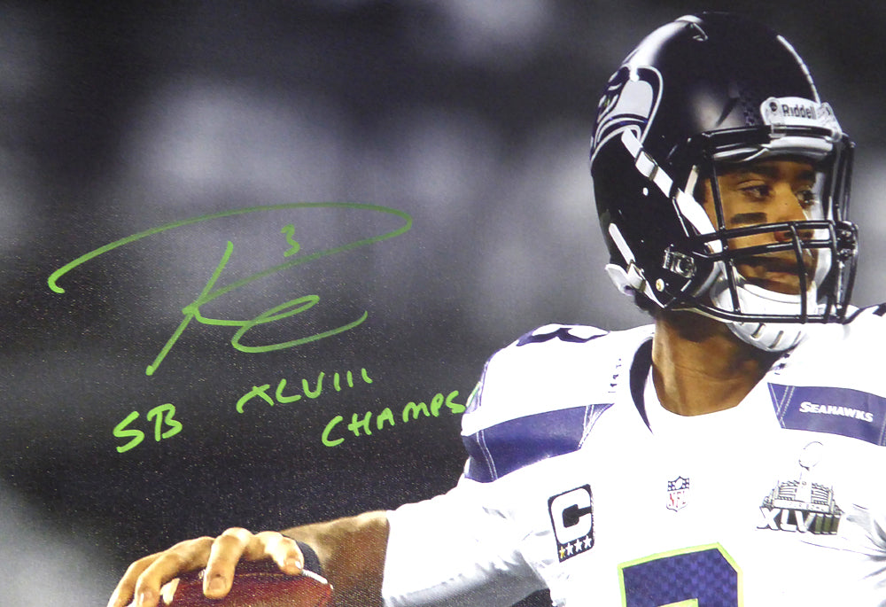 Russell Wilson Autographed 24x30 Stretched Canvas Photo Seattle Seahawks "SB XLVIII Champs" Super Bowl #/48 RW Holo Stock #104117