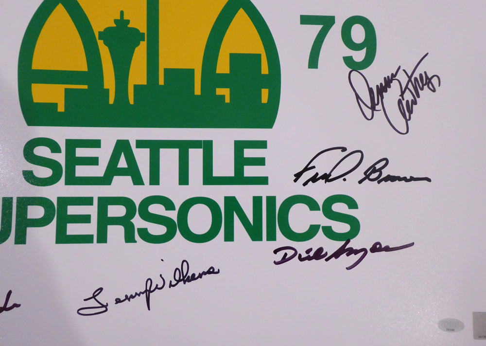 1978-79 NBA Champions Seattle Supersonics Multi Signed Autographed 16x20 Photo With 9 Signatures Including Fred Brown & Lenny Wilkens MCS Holo Stock #145854
