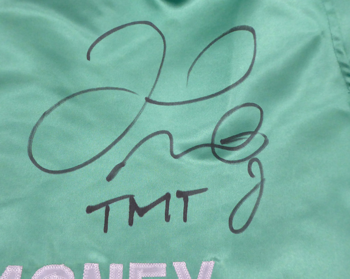 Floyd Mayweather Jr. Autographed Green Boxing Trunks "TMT" Beckett BAS Stock #159663