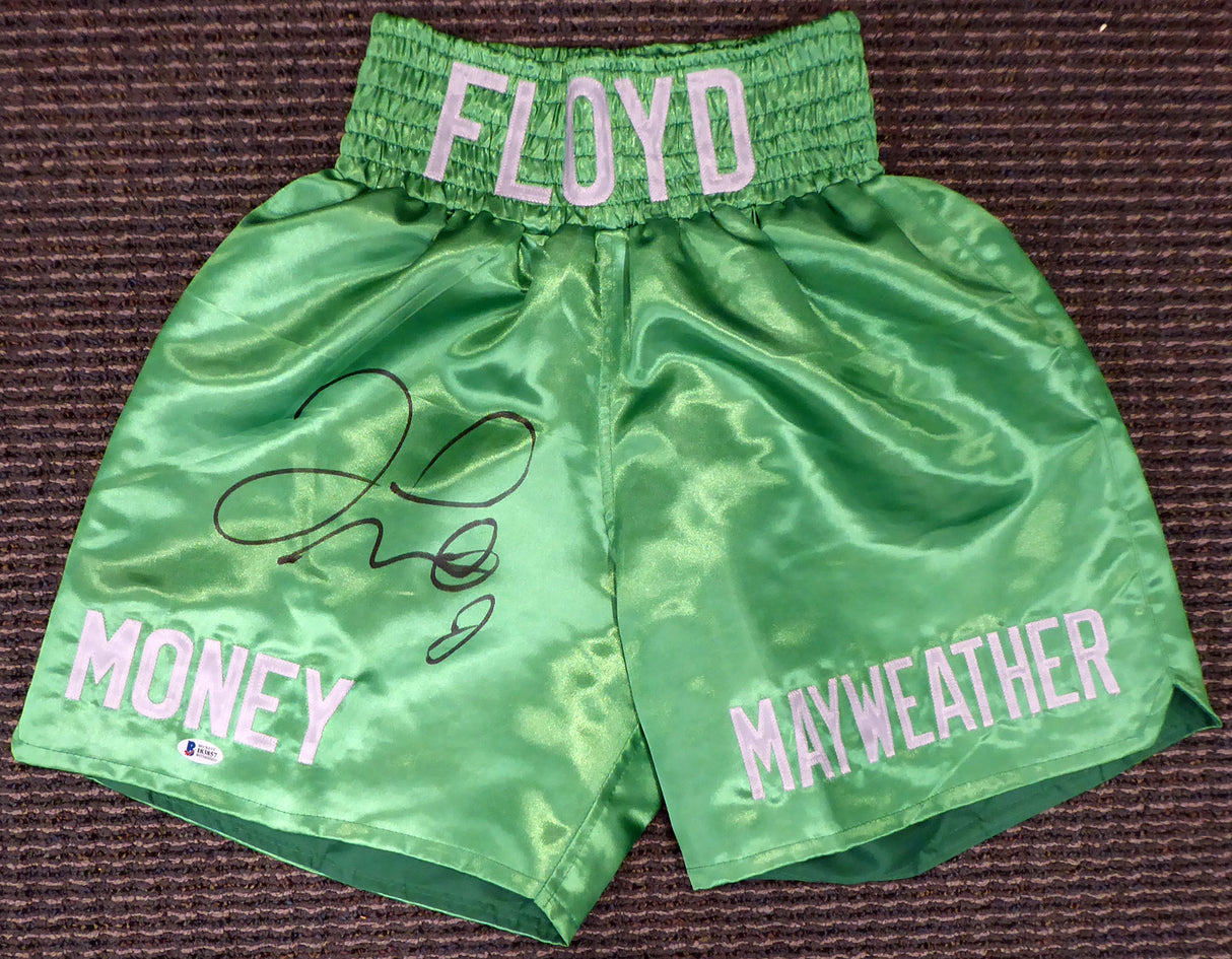 Floyd Mayweather Jr. Autographed Green Boxing Trunks Beckett BAS Stock #159665