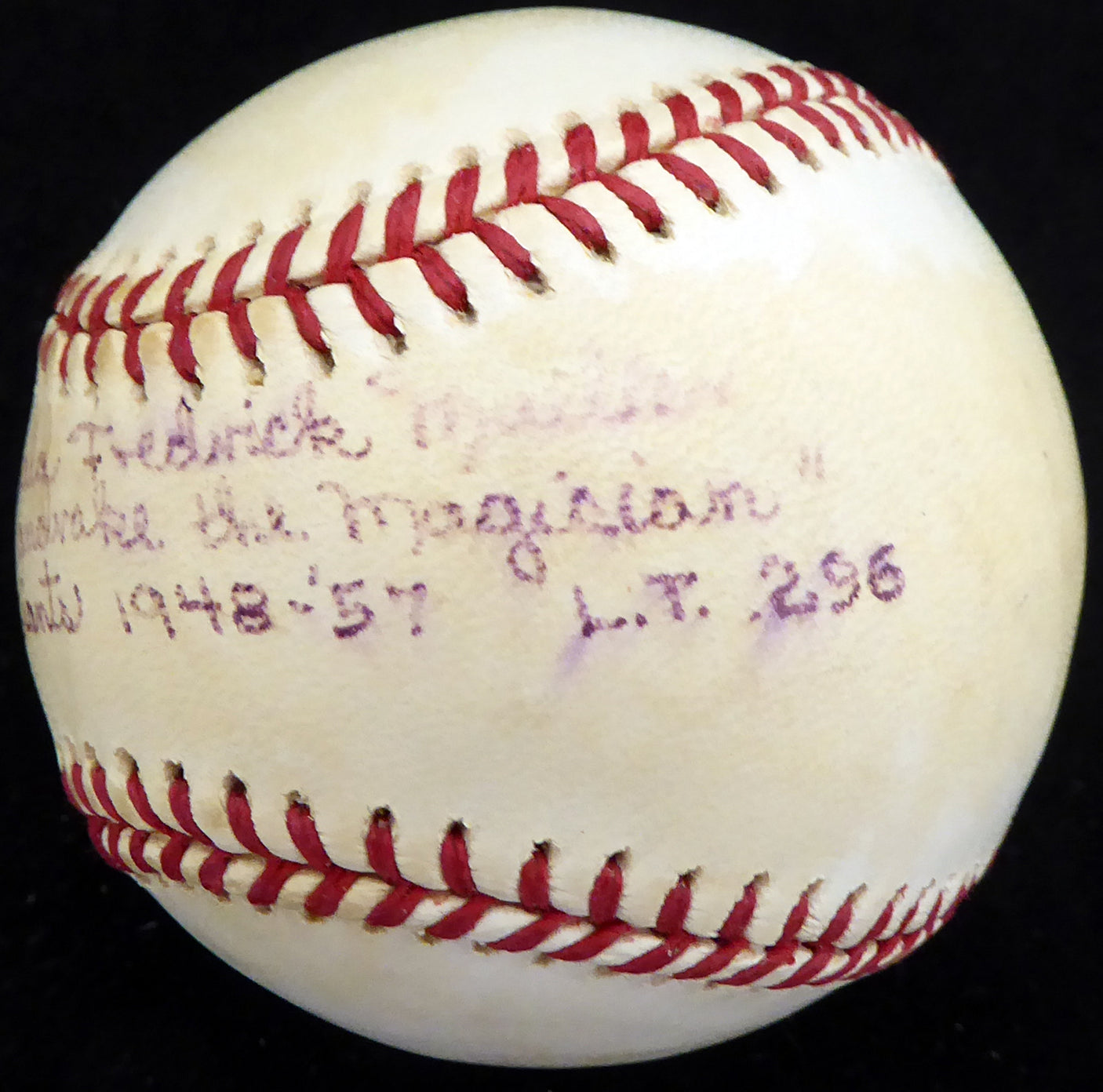 Don Mueller Autographed Official NL Baseball New York Giants "Full Name "Mandrake the Magician" NY Giants 1948-57 L.T. .296" Beckett BAS #S78460