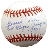 George Cisar Autographed Official NL Baseball Brooklyn Dodgers "Brooklyn Dodgers 1937" Beckett BAS #F26414