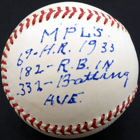 Joe Hauser Autographed Official AL Baseball Baltimore Orioles, Oakland A's "HR, RBI & Batting AVG" Beckett BAS #F29093