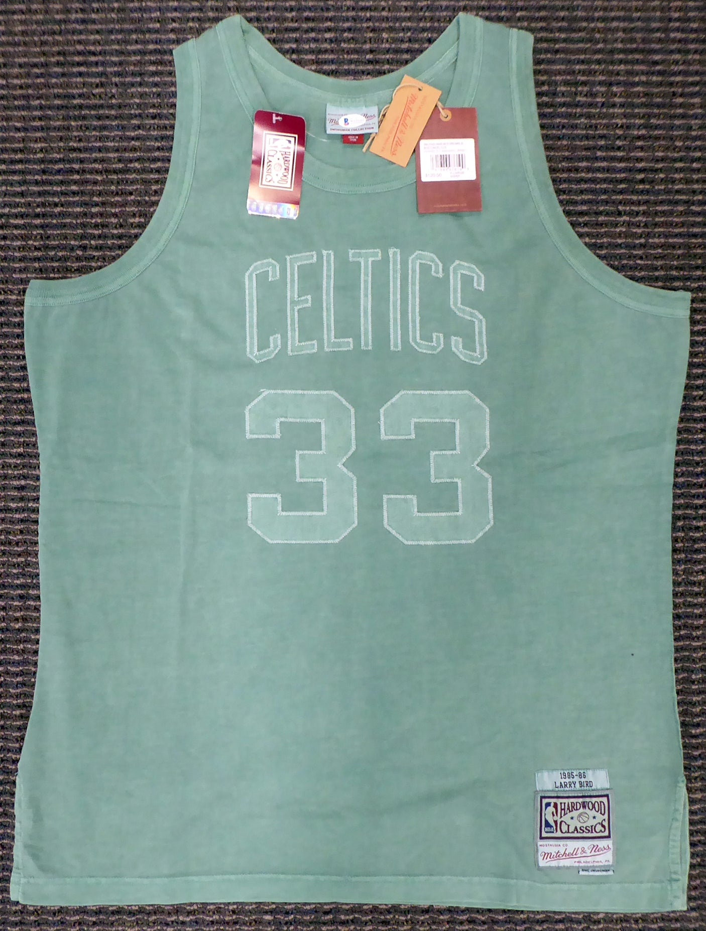 Boston Celtics Larry Bird Autographed Green Mitchell & Ness Washed Out Swingman Jersey Size XL Beckett BAS Stock #177711