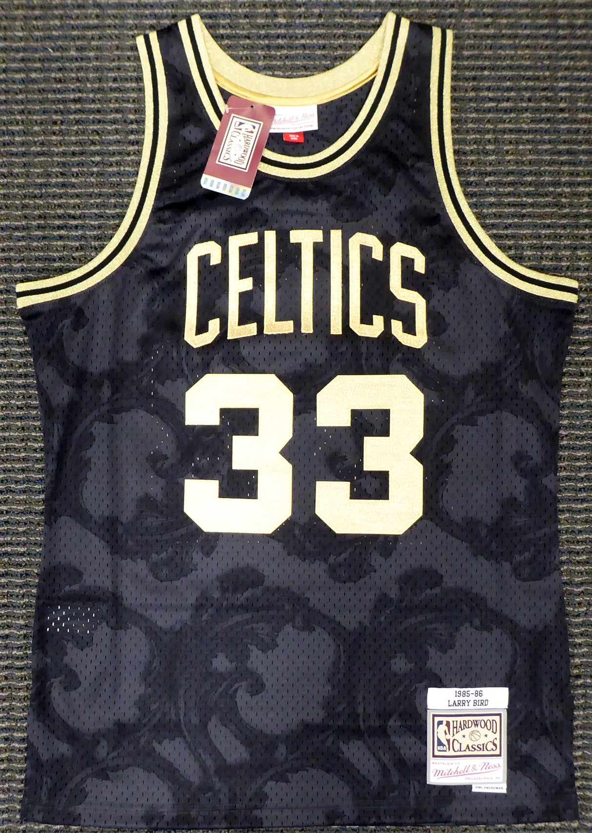 Boston Celtics Larry Bird Autographed Black Mitchell & Ness Gold Toile Swingman Jersey Size M Beckett BAS Stock #177714
