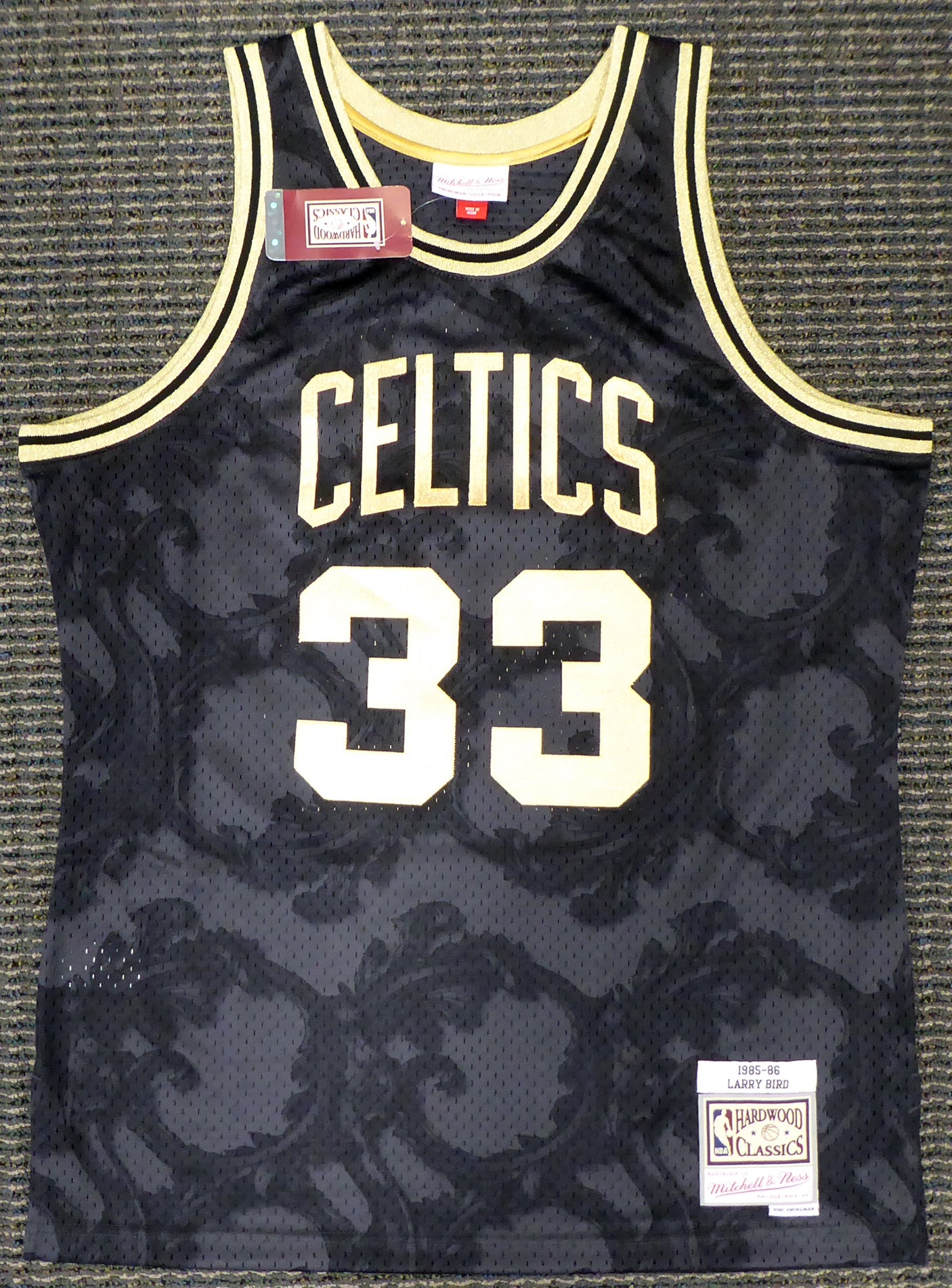 Boston Celtics Larry Bird Autographed Black Mitchell & Ness Gold Toile Swingman Jersey Size L Beckett BAS Stock #177715